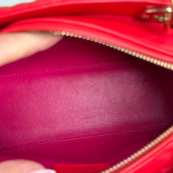 Dior Bi-Color Leather Lady Dior Medium Shoulder Bag - Red Quilted Design - Picture 9 of 10